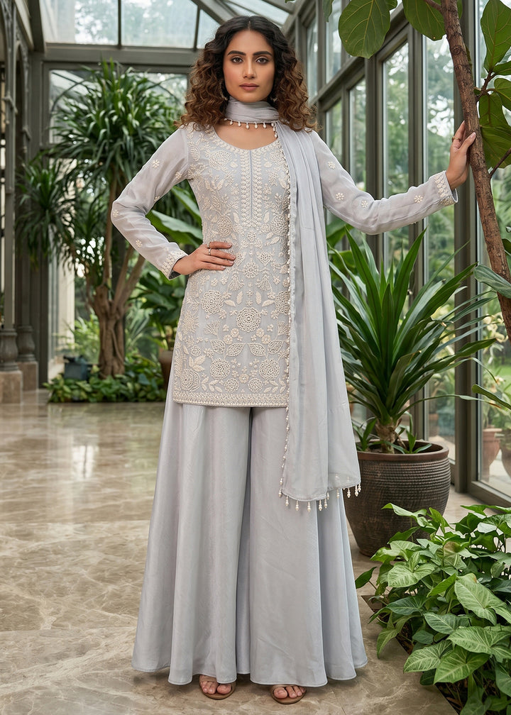 Shop Now Grey Premium Beads Work Wedding Festive Sharara Suit Online at Empress in USA, UK, Canada, Italy, Germany, France, Greece, Sweden, UAE & Worldwide.