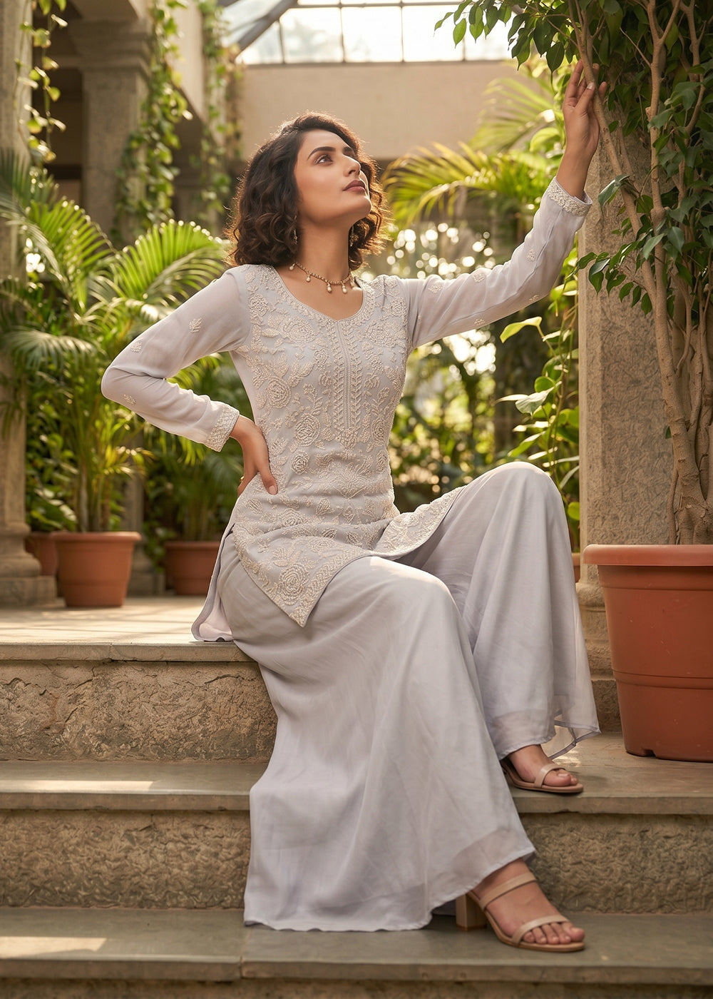 Shop Now Grey Premium Beads Work Wedding Festive Sharara Suit Online at Empress in USA, UK, Canada, Italy, Germany, France, Greece, Sweden, UAE & Worldwide.