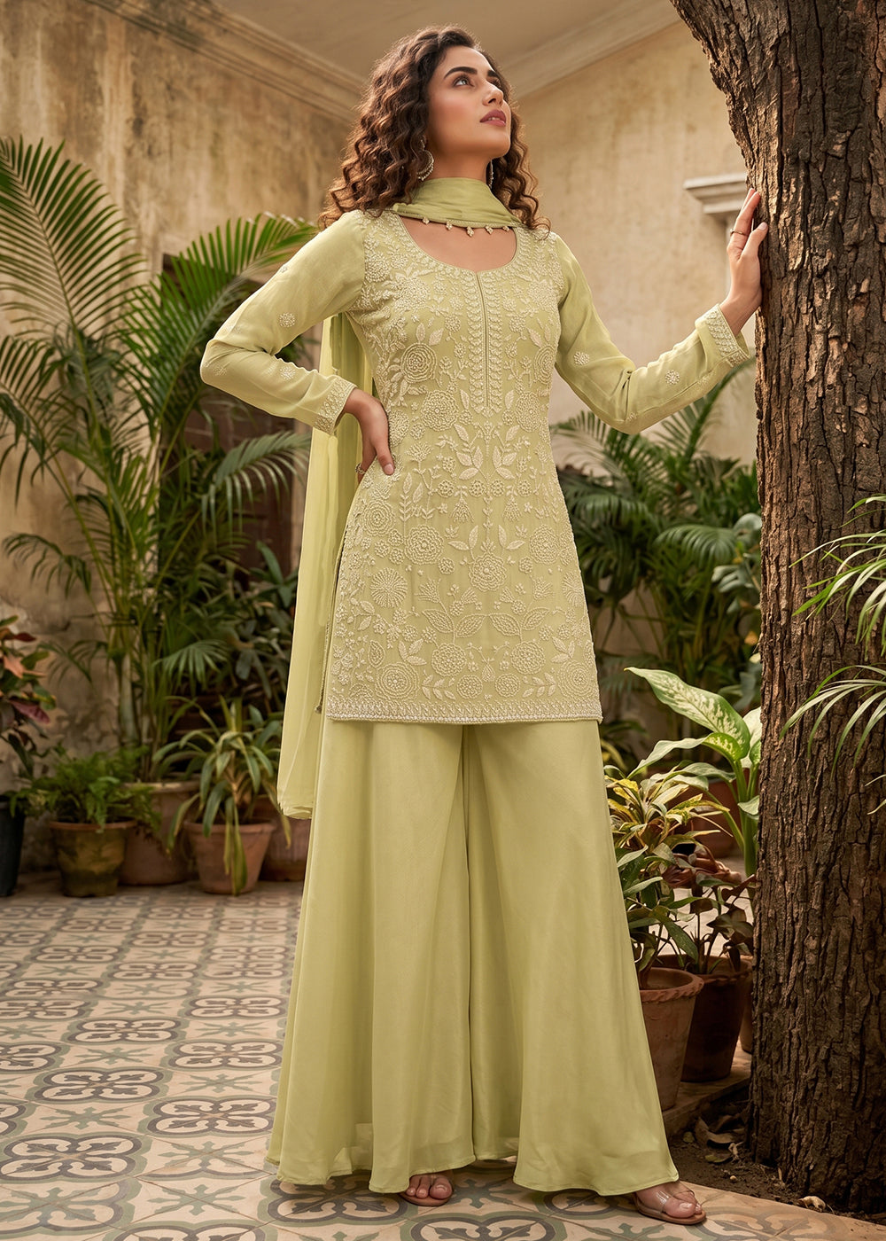Shop Now Green Premium Beads Work Wedding Festive Sharara Suit Online at Empress in USA, UK, Canada, Italy, Germany, France, Greece, Sweden, UAE & Worldwide.