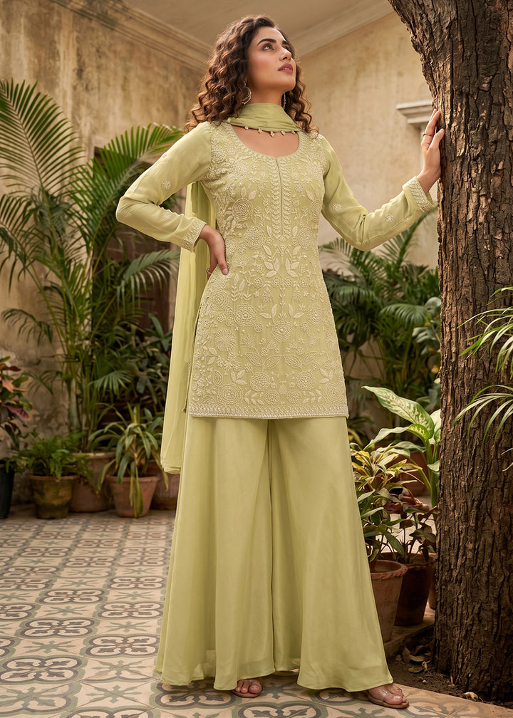 Shop Now Green Premium Beads Work Wedding Festive Sharara Suit Online at Empress in USA, UK, Canada, Italy, Germany, France, Greece, Sweden, UAE & Worldwide.
