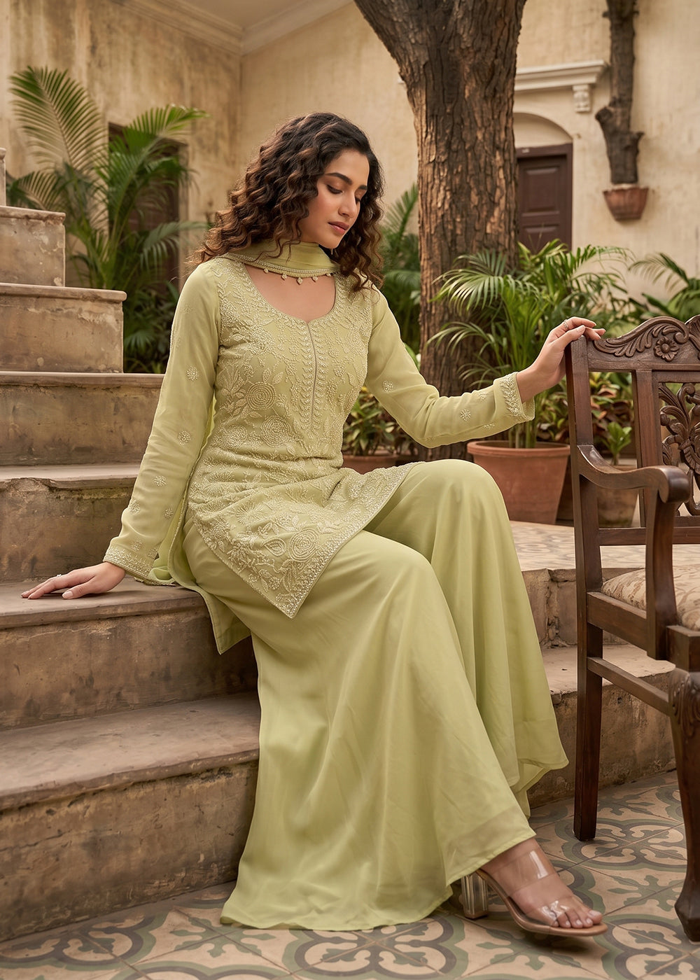 Shop Now Green Premium Beads Work Wedding Festive Sharara Suit Online at Empress in USA, UK, Canada, Italy, Germany, France, Greece, Sweden, UAE & Worldwide.