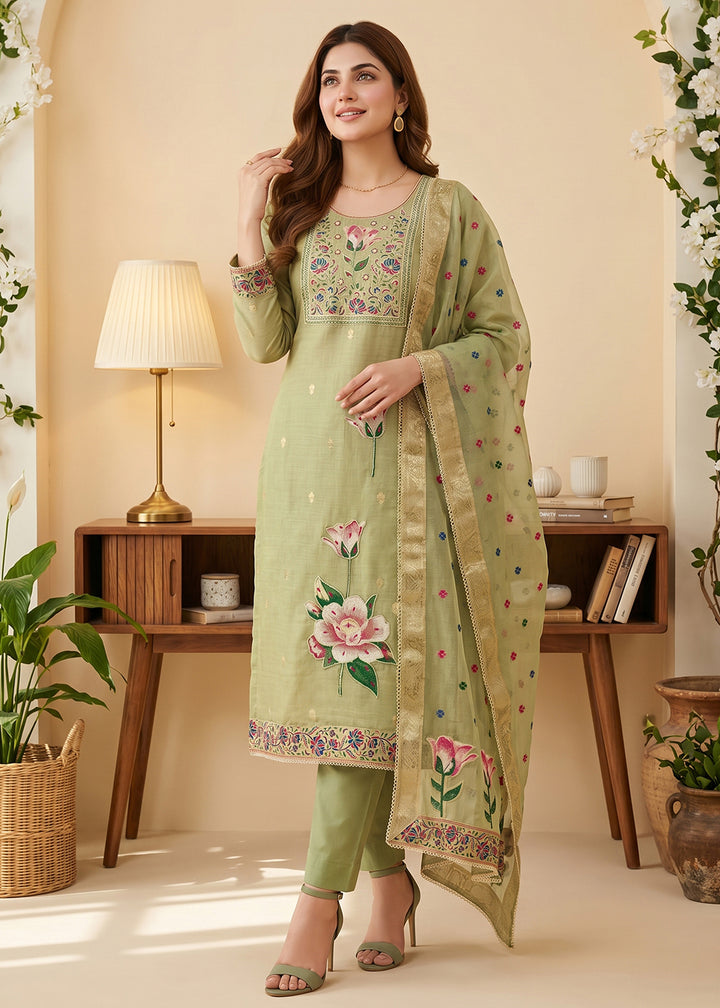 Buy Now Green Pretty Threads Embroidered Pant Style Salwar Suit Online in US, UK, Canada, Netherlands, Germany, Italy, France , Sweden & Worldwide at Empress.