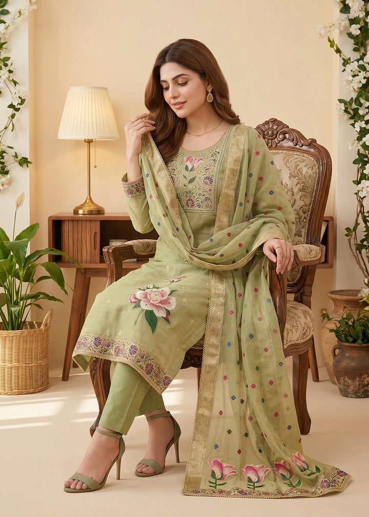 Buy Now Green Pretty Threads Embroidered Pant Style Salwar Suit Online in US, UK, Canada, Netherlands, Germany, Italy, France , Sweden & Worldwide at Empress.