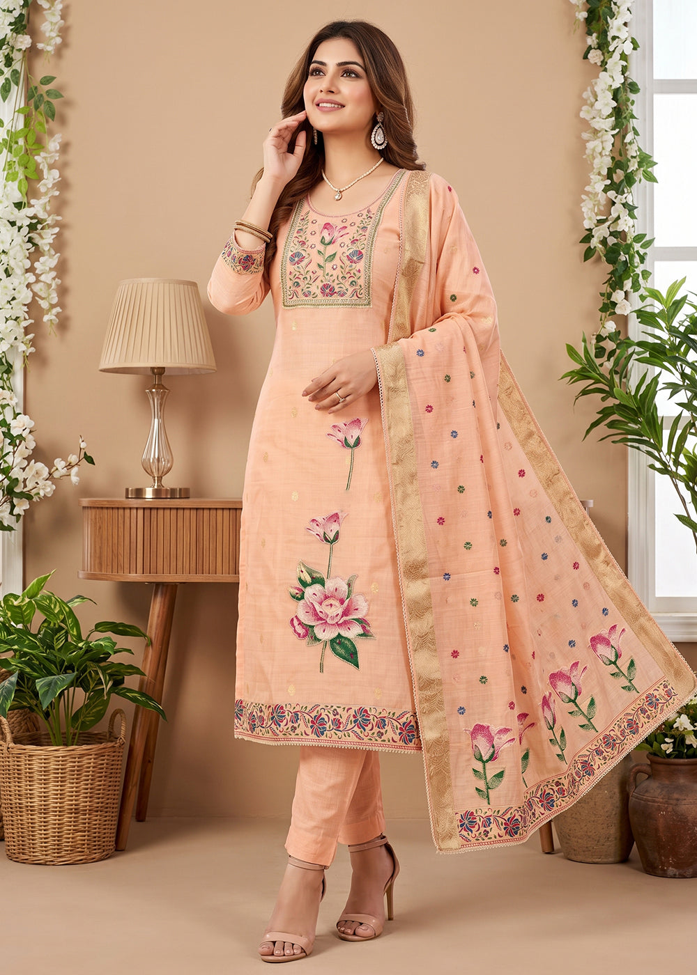 Buy Now Peach Pretty Threads Embroidered Pant Style Salwar Suit Online in US, UK, Canada, Netherlands, Germany, Italy, France , Sweden & Worldwide at Empress.