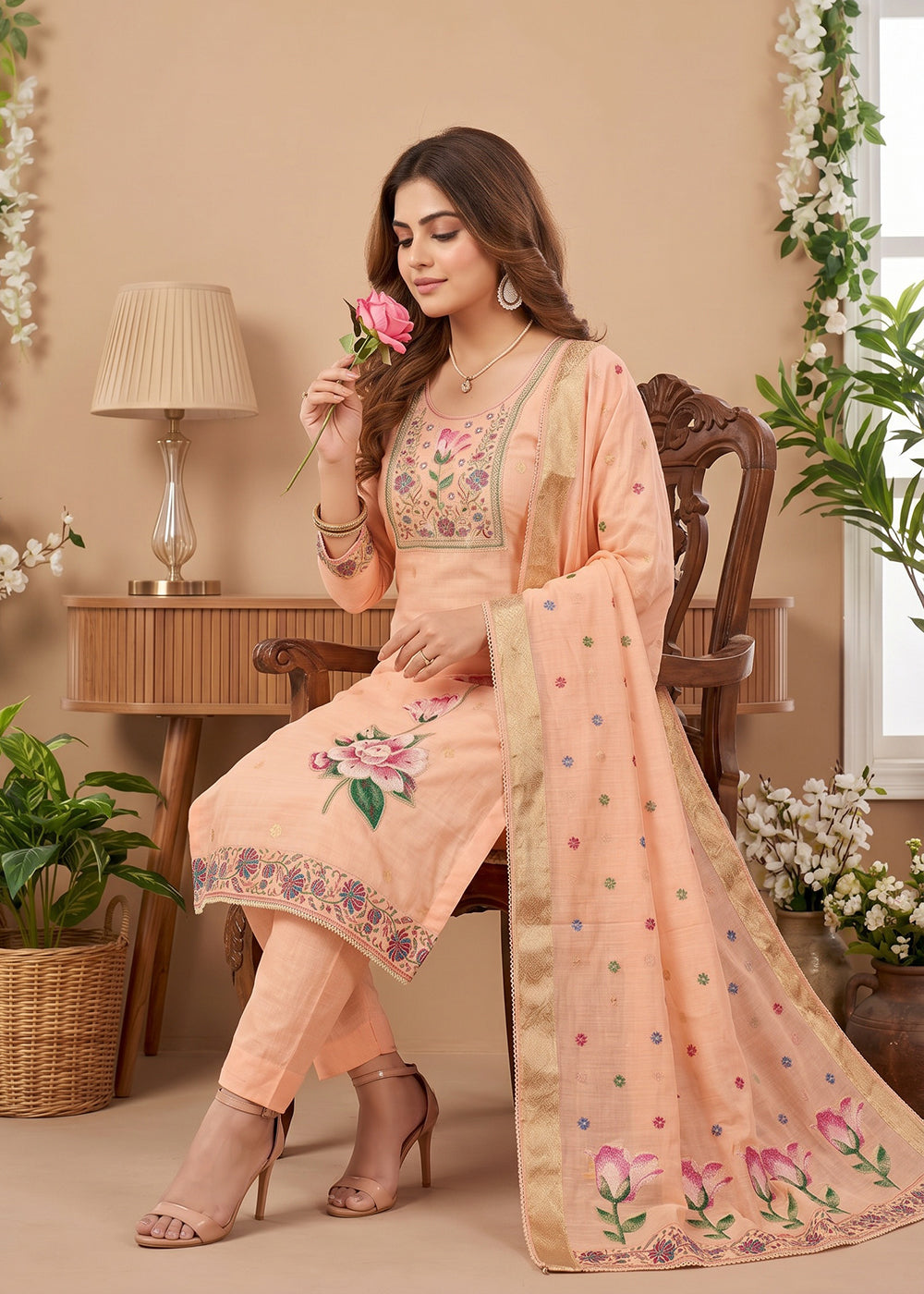Buy Now Peach Pretty Threads Embroidered Pant Style Salwar Suit Online in US, UK, Canada, Netherlands, Germany, Italy, France , Sweden & Worldwide at Empress.