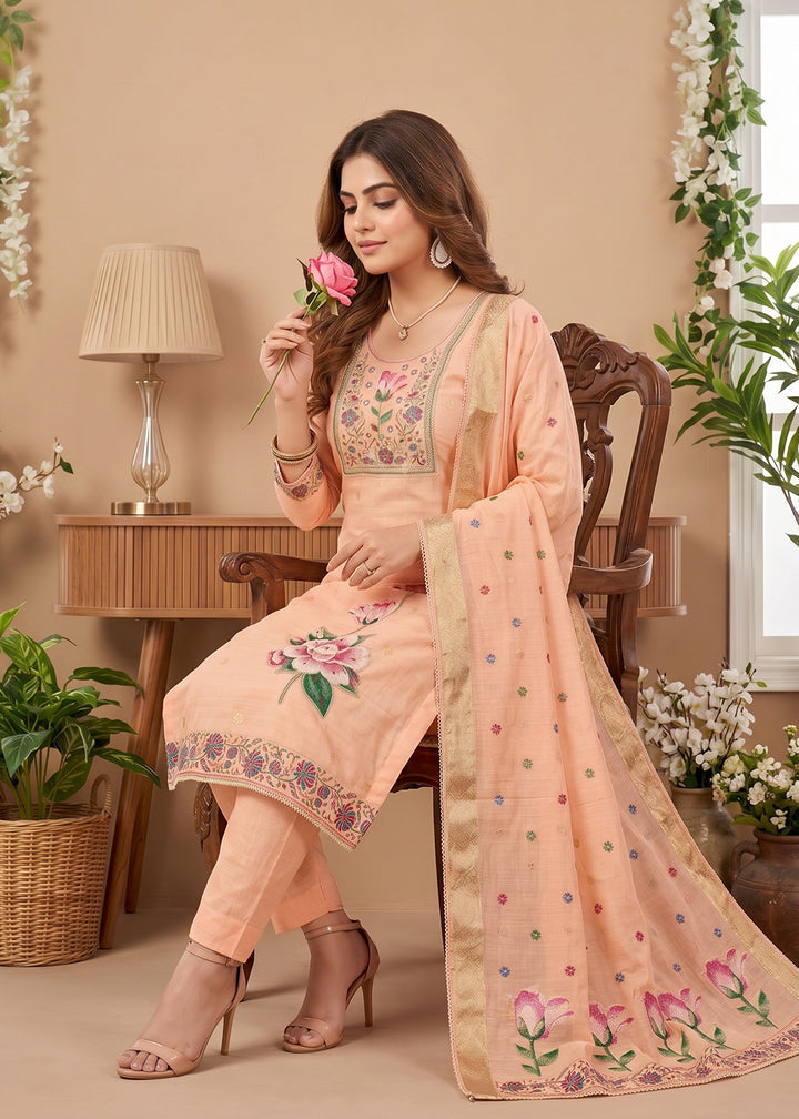Buy Now Peach Pretty Threads Embroidered Pant Style Salwar Suit Online in US, UK, Canada, Netherlands, Germany, Italy, France , Sweden & Worldwide at Empress.