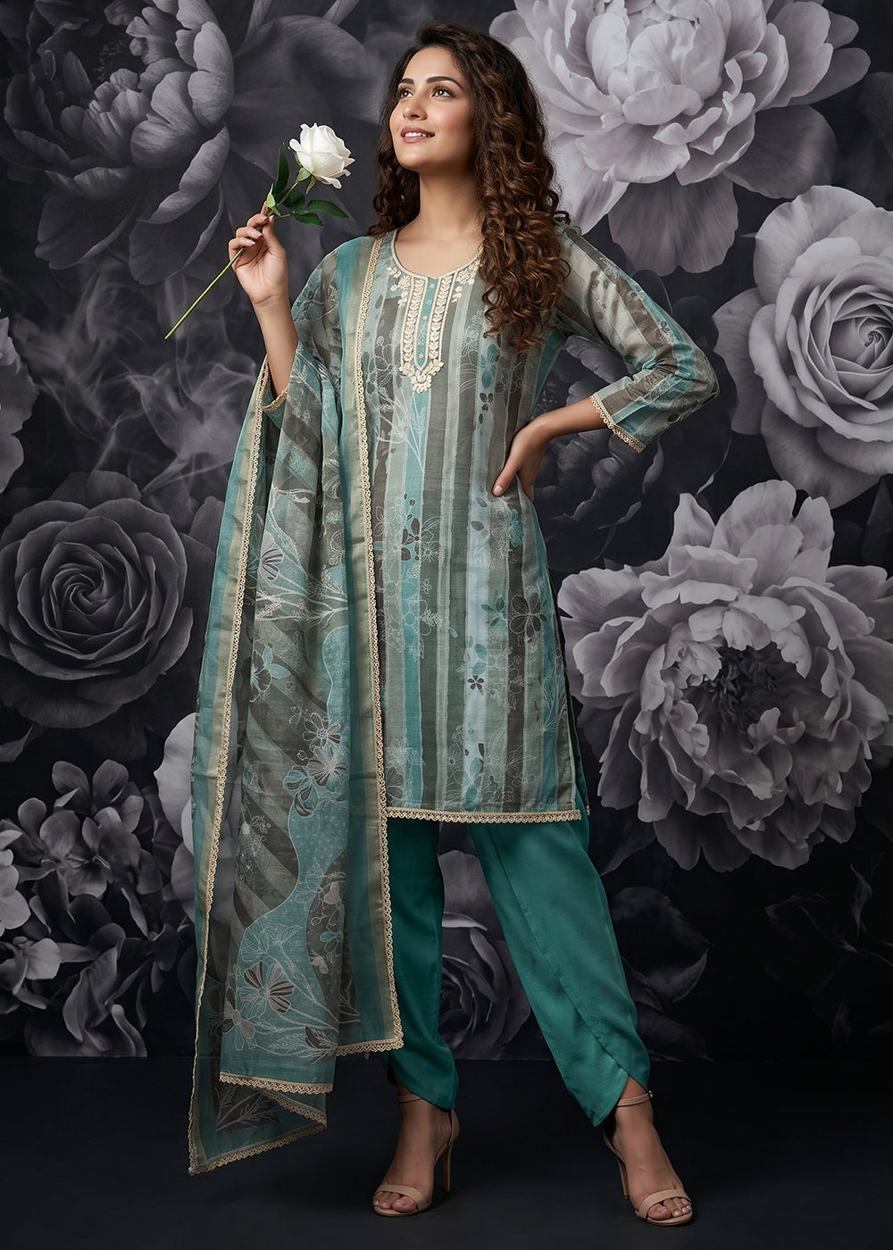 Buy Now OSea Green Lilan Cotton Printed Tulip Style Salwar Suit Online in US, UK, Canada, Netherlands, Germany, Italy, France, UAE &amp; Worldwide at Empress.