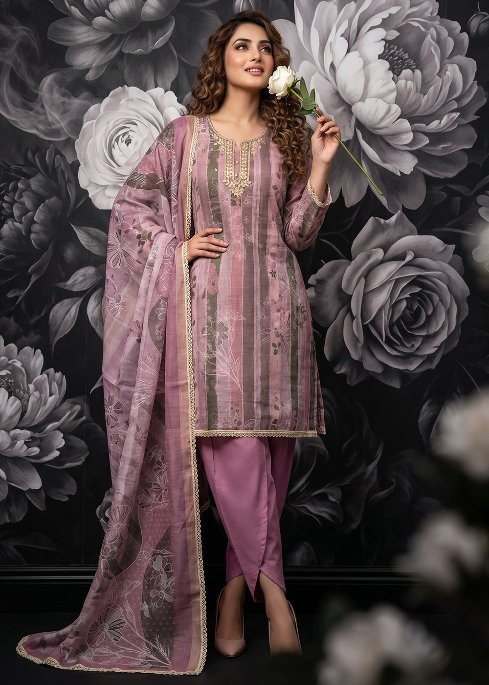 Buy Now Pink Lilan Cotton Printed Tulip Style Salwar Suit Online in US, UK, Canada, Netherlands, Germany, Italy, France, UAE & Worldwide at Empress.