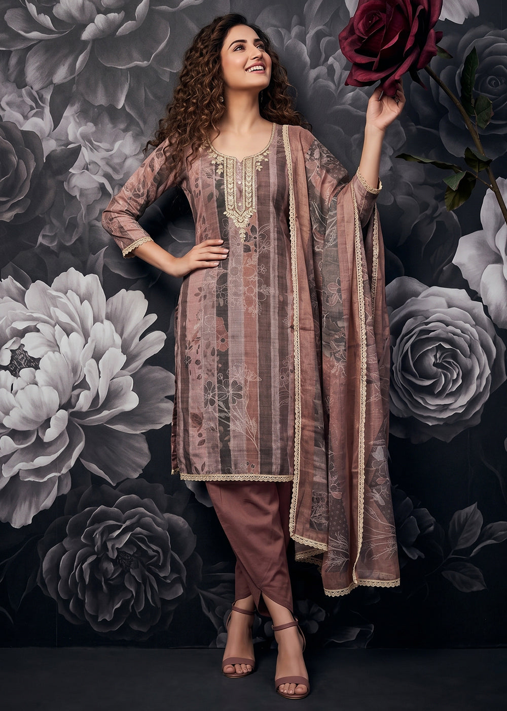Buy Now Mauve Lilan Cotton Printed Tulip Style Salwar Suit Online in US, UK, Canada, Netherlands, Germany, Italy, France, UAE & Worldwide at Empress.