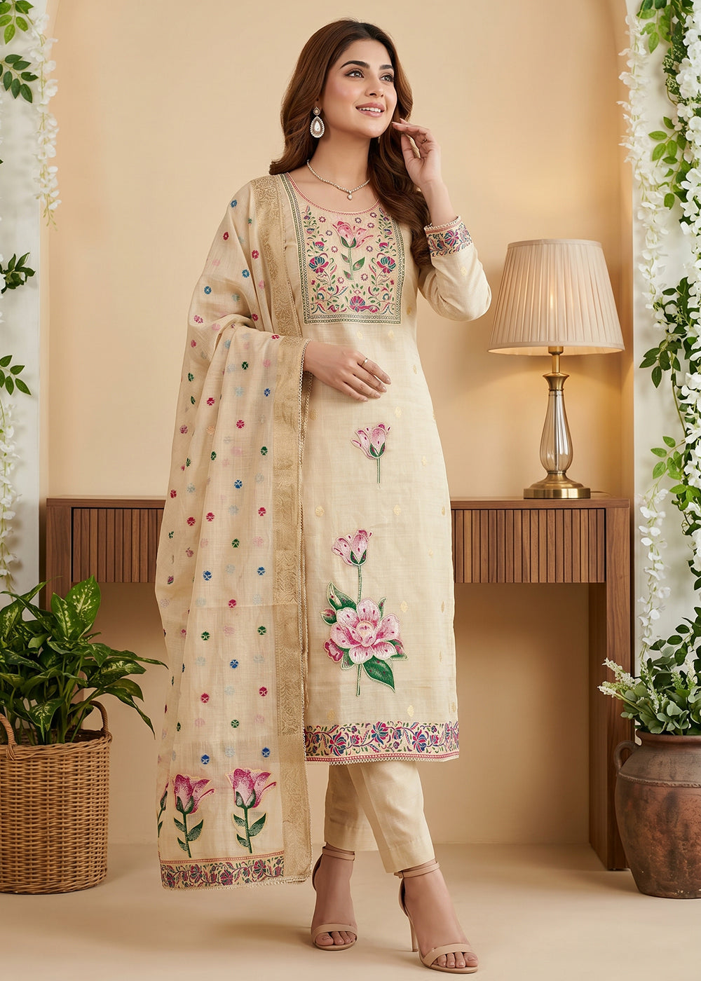 Buy Now Cream Pretty Threads Embroidered Pant Style Salwar Suit Online in US, UK, Canada, Netherlands, Germany, Italy, France , Sweden & Worldwide at Empress.