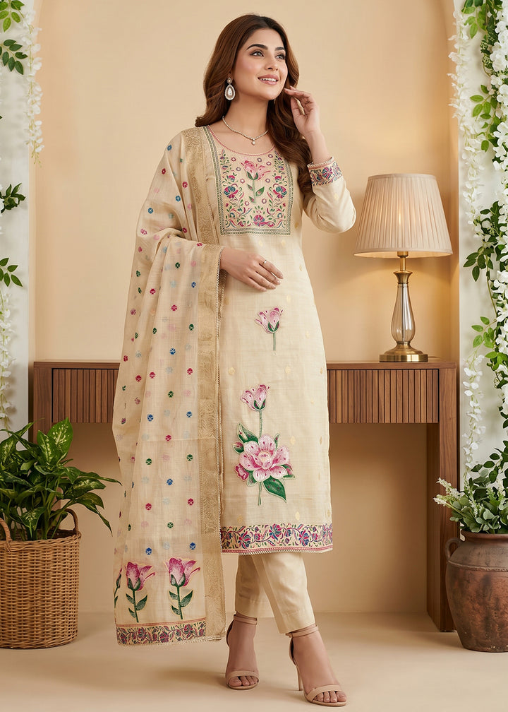 Buy Now Cream Pretty Threads Embroidered Pant Style Salwar Suit Online in US, UK, Canada, Netherlands, Germany, Italy, France , Sweden & Worldwide at Empress.