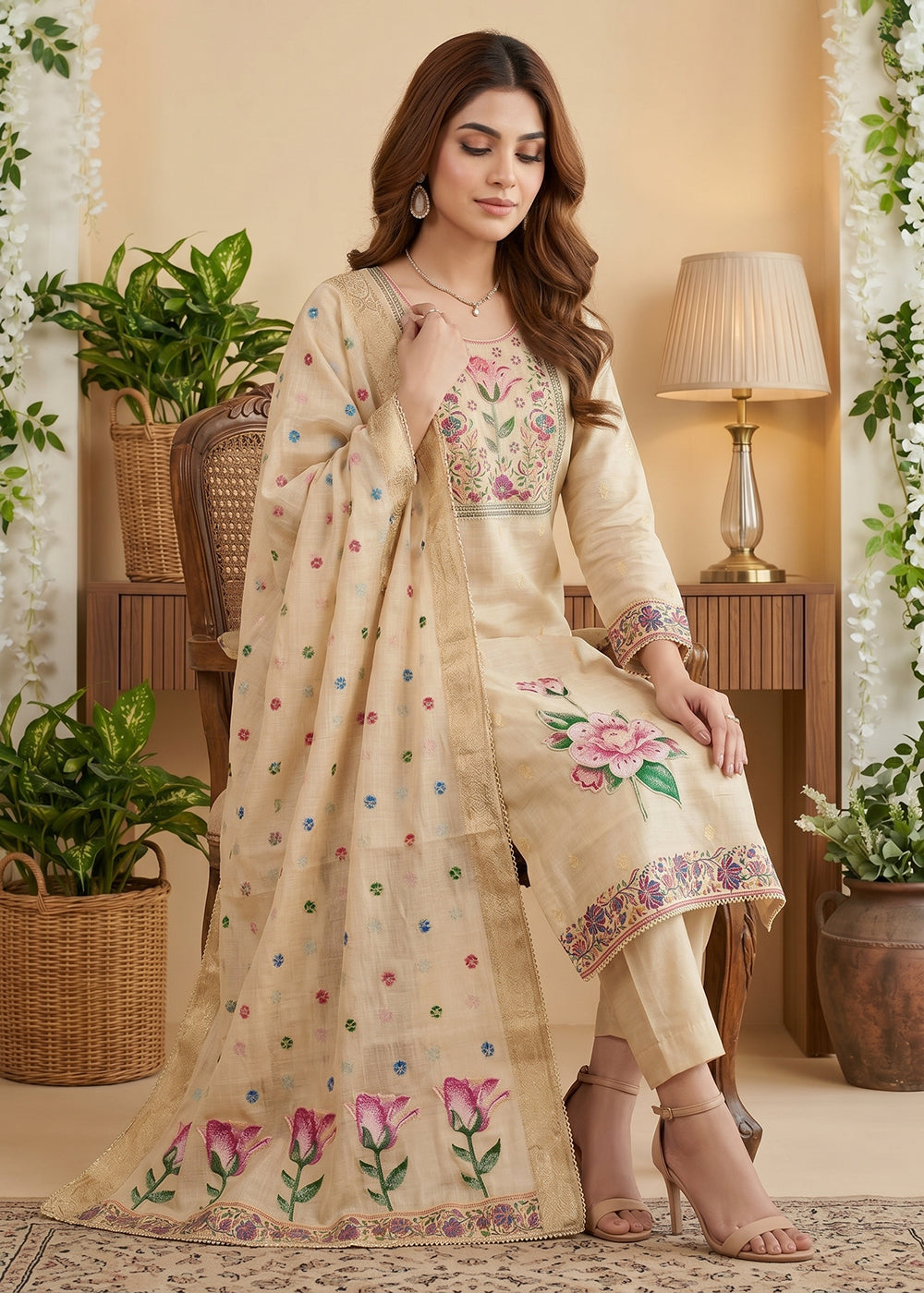 Buy Now Cream Pretty Threads Embroidered Pant Style Salwar Suit Online in US, UK, Canada, Netherlands, Germany, Italy, France , Sweden & Worldwide at Empress.
