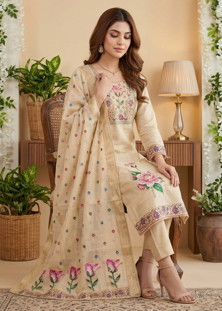 Buy Now Cream Pretty Threads Embroidered Pant Style Salwar Suit Online in US, UK, Canada, Netherlands, Germany, Italy, France , Sweden & Worldwide at Empress.