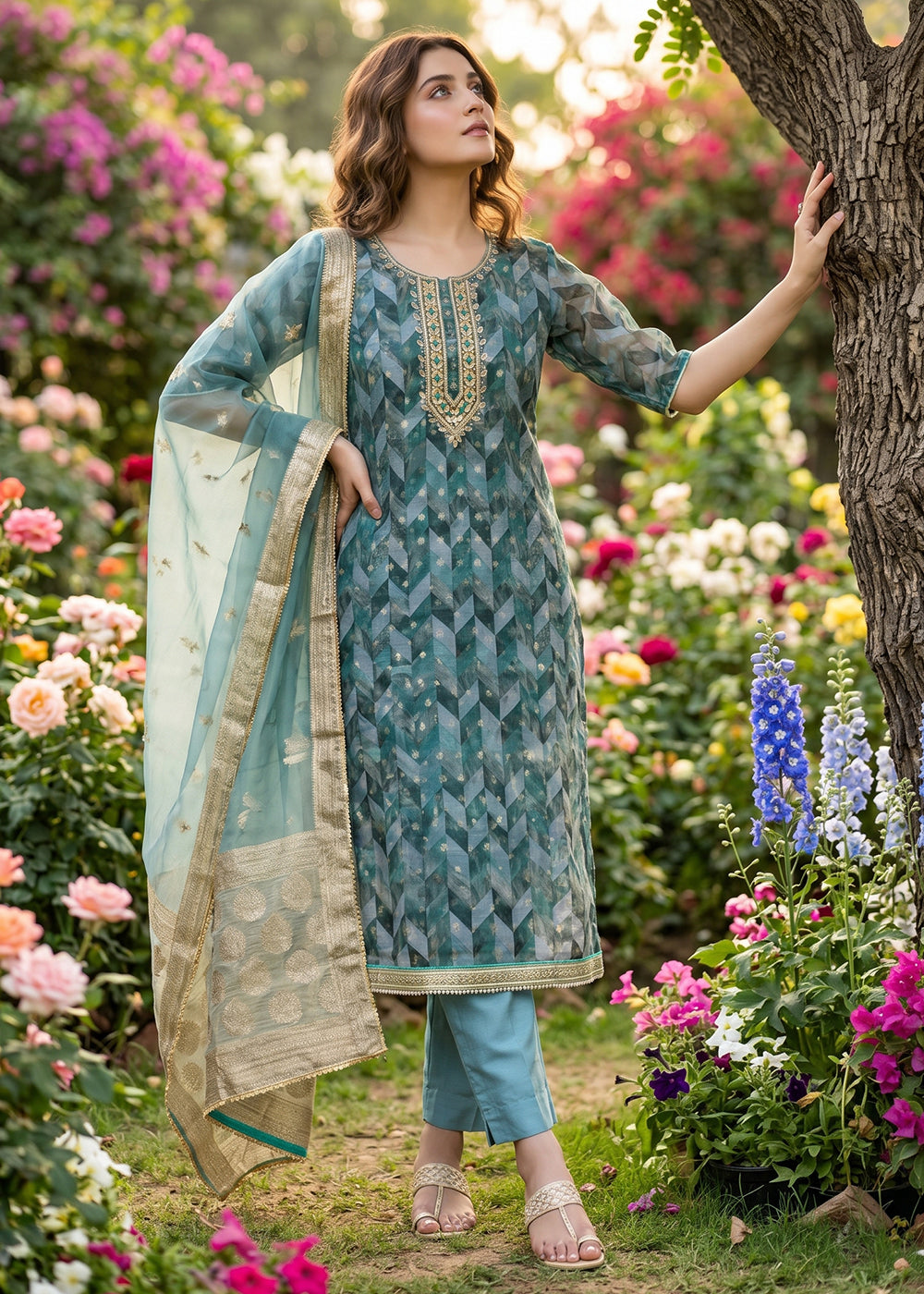 Buy Now Blue Organza Banarasi Embroidered Pant Style Salwar Suit Online in US, UK, Canada, Netherlands, Germany, Italy, France, Sweden & Worldwide at Empress.