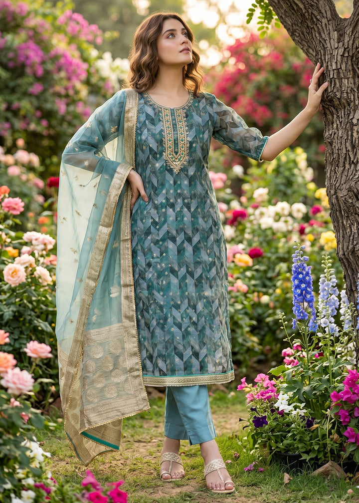 Buy Now Blue Organza Banarasi Embroidered Pant Style Salwar Suit Online in US, UK, Canada, Netherlands, Germany, Italy, France, Sweden & Worldwide at Empress.