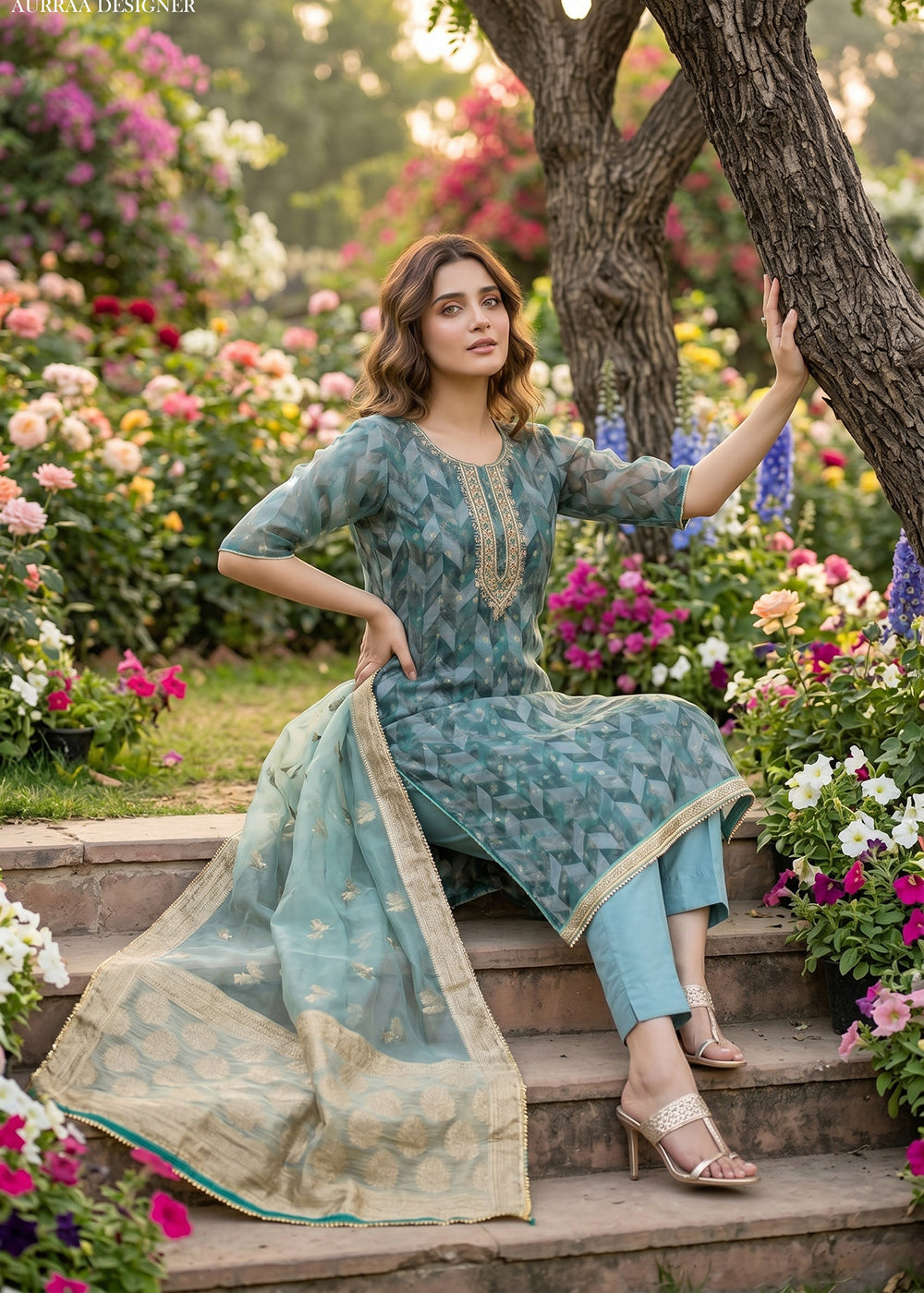 Buy Now Blue Organza Banarasi Embroidered Pant Style Salwar Suit Online in US, UK, Canada, Netherlands, Germany, Italy, France, Sweden & Worldwide at Empress.