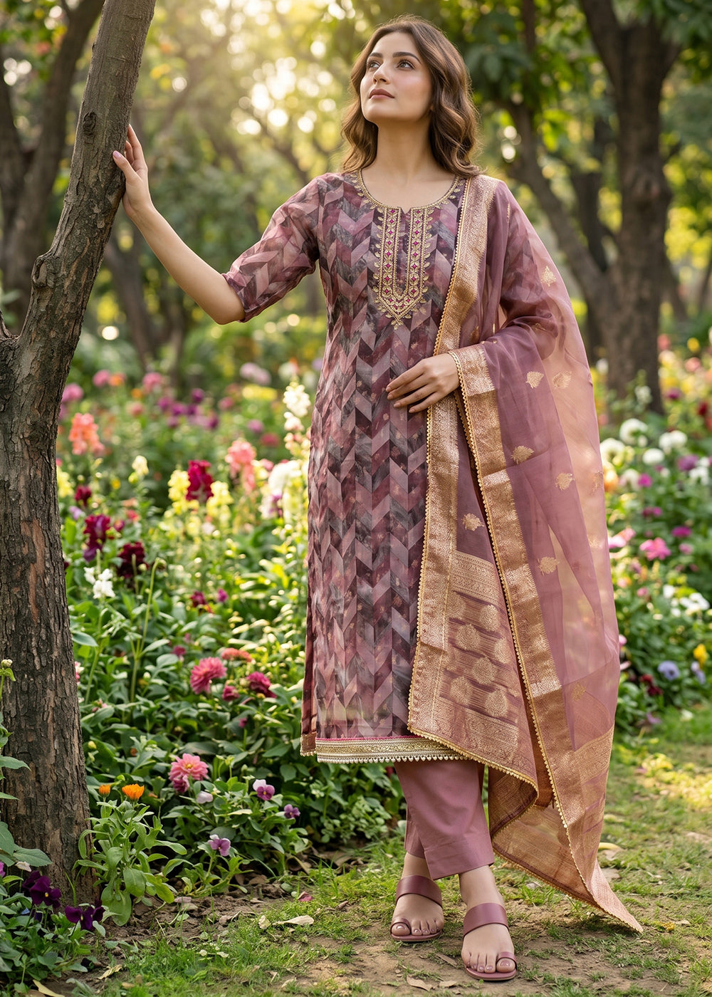 Buy Now Mauve Organza Banarasi Embroidered Pant Style Salwar Suit Online in US, UK, Canada, Netherlands, Germany, Italy, France, Sweden & Worldwide at Empress.