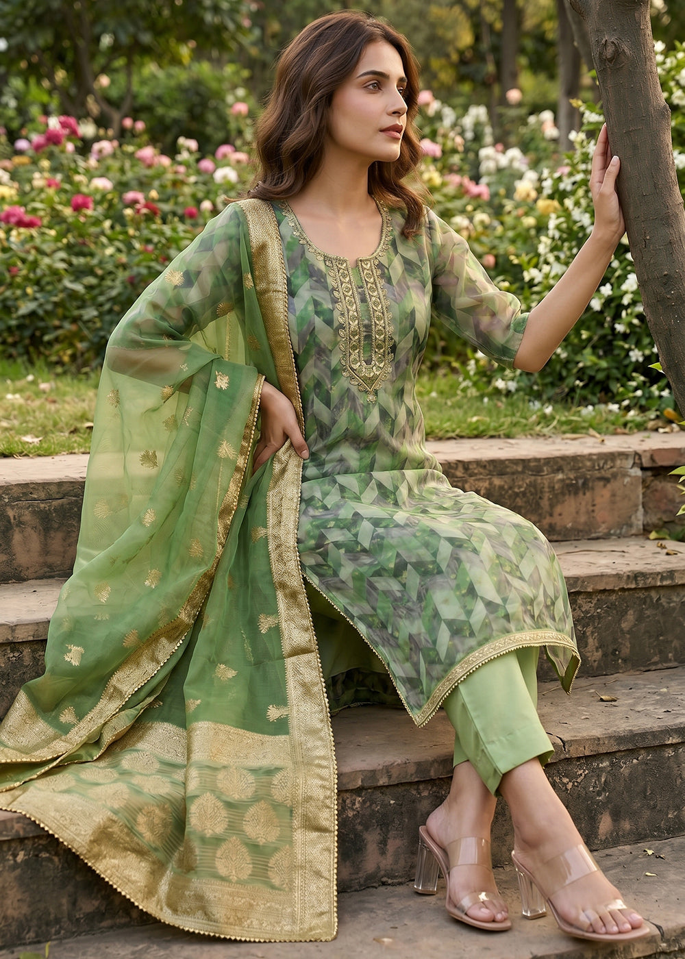 Buy Now Green Organza Banarasi Embroidered Pant Style Salwar Suit Online in US, UK, Canada, Netherlands, Germany, Italy, France, Sweden & Worldwide at Empress.