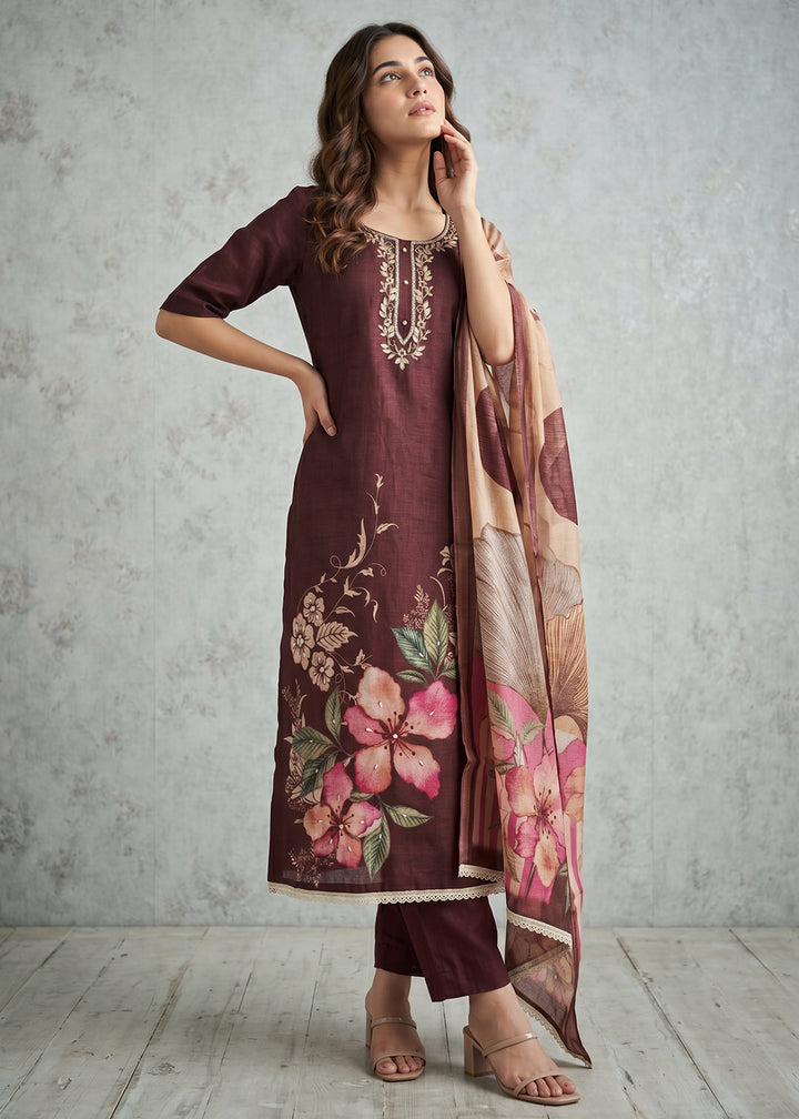 Buy Now Brown Floral Printed Cotton Festive Wear Salwar Suit Online in US, UK, Canada, Netherlands, Germany, Italy, France, Sweden, UAE & Worldwide at Empress.