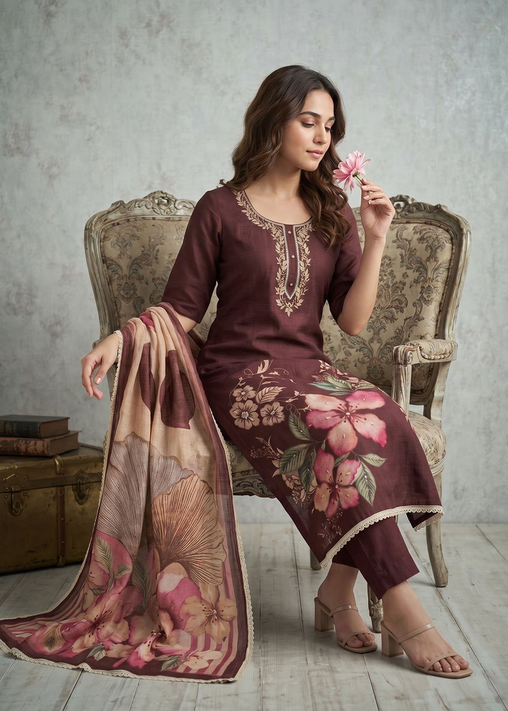 Buy Now Brown Floral Printed Cotton Festive Wear Salwar Suit Online in US, UK, Canada, Netherlands, Germany, Italy, France, Sweden, UAE & Worldwide at Empress.