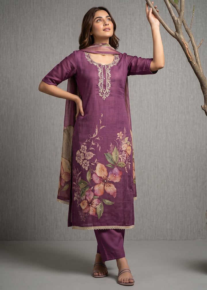 Buy Now Purple Floral Printed Cotton Festive Wear Salwar Suit Online in US, UK, Canada, Netherlands, Germany, Italy, France, Sweden, UAE & Worldwide at Empress.