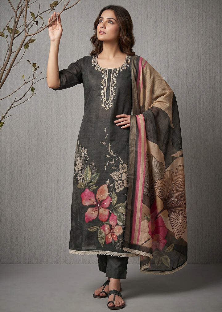 Buy Now Grey Floral Printed Cotton Festive Wear Salwar Suit Online in US, UK, Canada, Netherlands, Germany, Italy, France, Sweden, UAE & Worldwide at Empress.