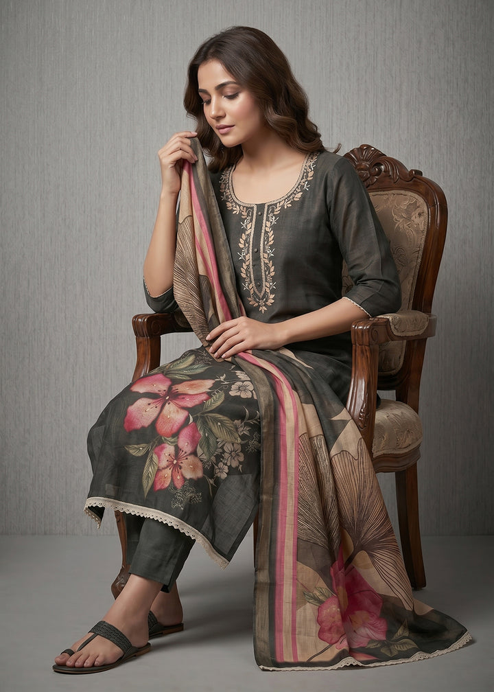 Buy Now Grey Floral Printed Cotton Festive Wear Salwar Suit Online in US, UK, Canada, Netherlands, Germany, Italy, France, Sweden, UAE & Worldwide at Empress.