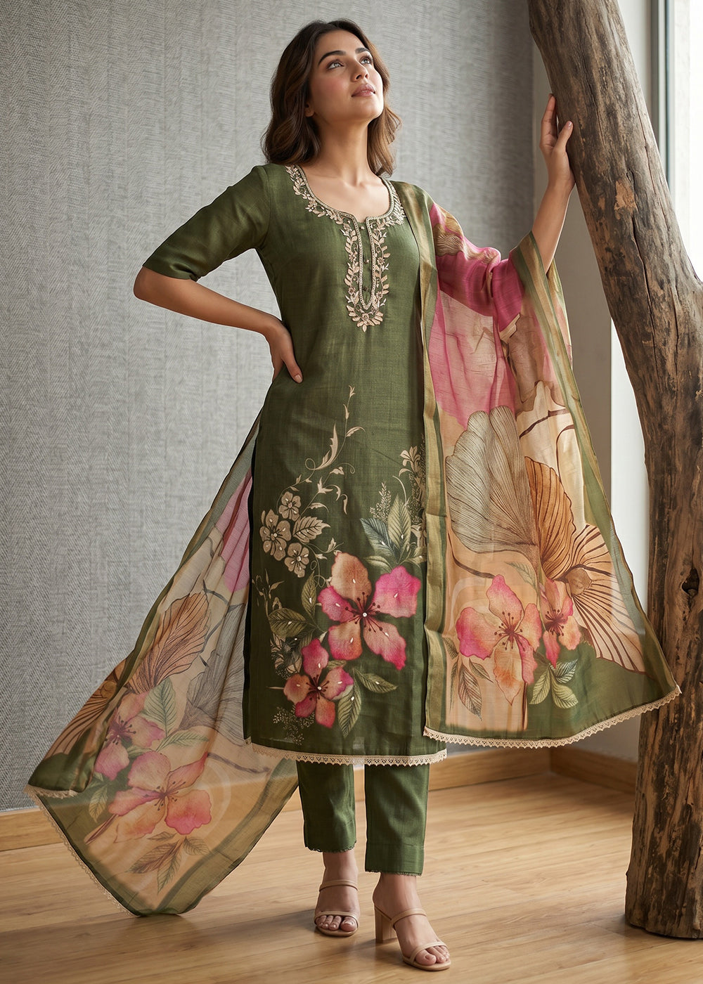 Buy Now Green Floral Printed Cotton Festive Wear Salwar Suit Online in US, UK, Canada, Netherlands, Germany, Italy, France, Sweden, UAE & Worldwide at Empress.