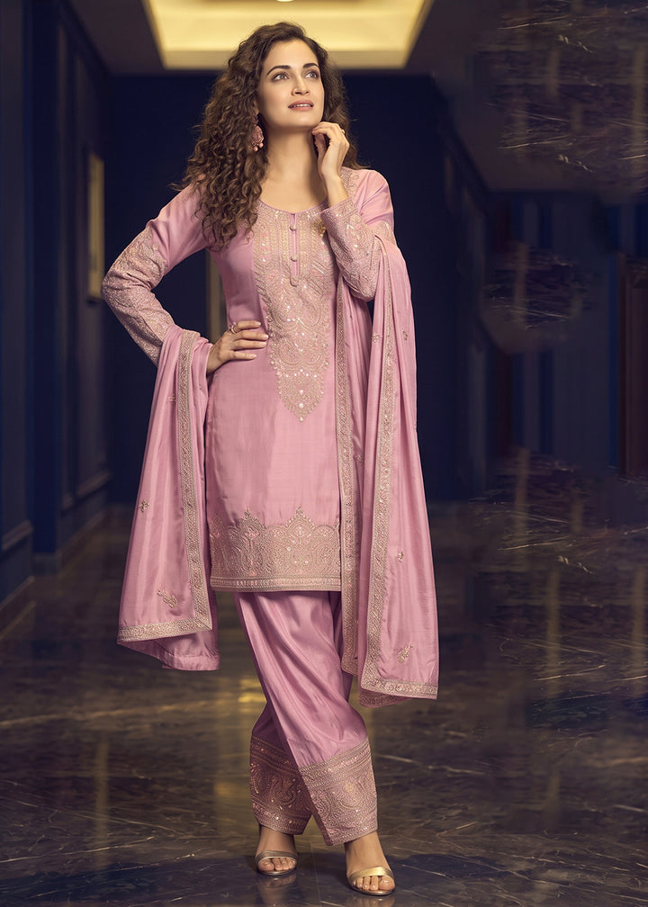 Buy Now Shimmer Silk Pink Embroidered Farshi Style Salwar Suit Online in US, UK, Canada, Netherlands, Germany, Italy, France, UAE, Sweden &amp; Worldwide at Empress.