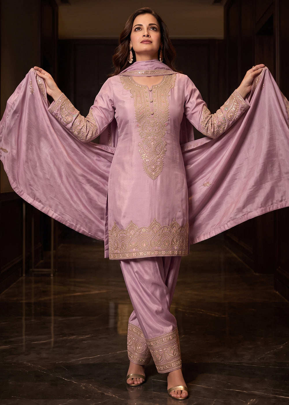 Buy Now Shimmer Silk Pink Embroidered Farshi Style Salwar Suit Online in US, UK, Canada, Netherlands, Germany, Italy, France, UAE, Sweden & Worldwide at Empress.