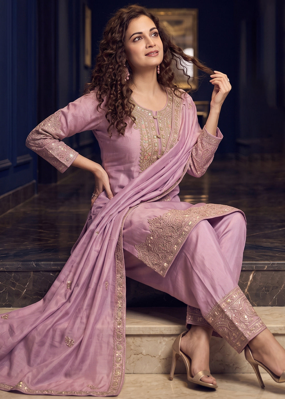Buy Now Shimmer Silk Pink Embroidered Farshi Style Salwar Suit Online in US, UK, Canada, Netherlands, Germany, Italy, France, UAE, Sweden &amp; Worldwide at Empress.