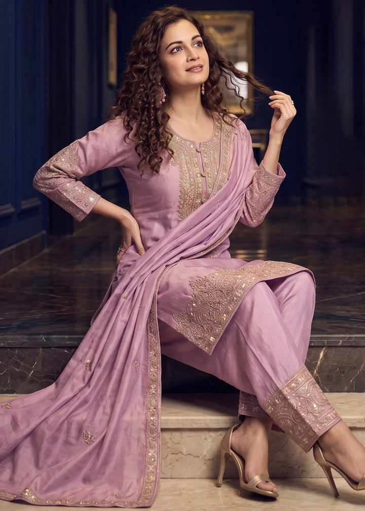 Buy Now Shimmer Silk Pink Embroidered Farshi Style Salwar Suit Online in US, UK, Canada, Netherlands, Germany, Italy, France, UAE, Sweden &amp; Worldwide at Empress.