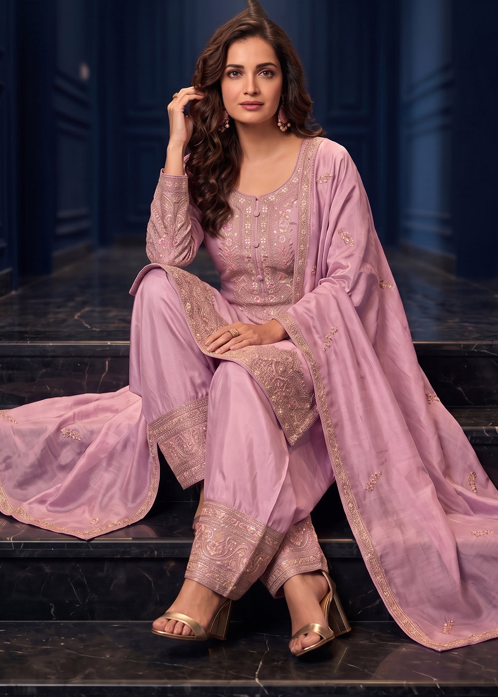 Buy Now Shimmer Silk Pink Embroidered Farshi Style Salwar Suit Online in US, UK, Canada, Netherlands, Germany, Italy, France, UAE, Sweden &amp; Worldwide at Empress.