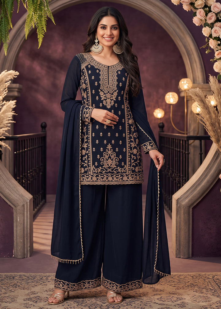 Buy Now Blue All Over Beads Embroidered Palazzo Style Suit Online in US, UK, Canada, Netherlands, Germany, Italy, France, Greece, UAE &amp; Worldwide at Empress.