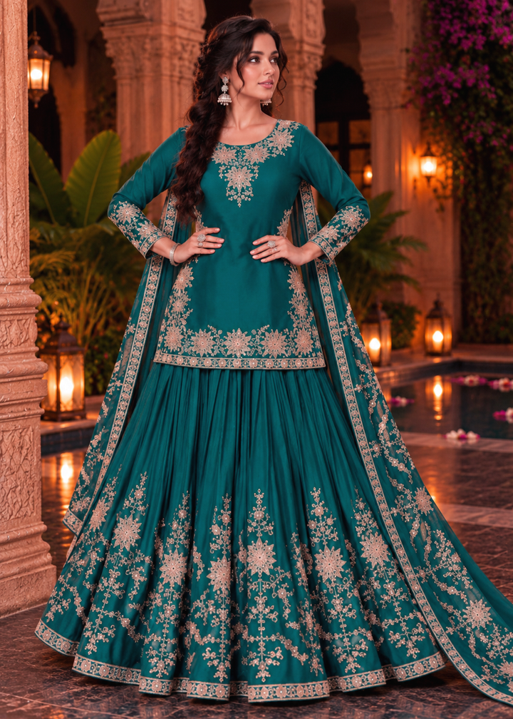 Buy Morpich Blue Premium Chinnon Lehenga Style Suit Online in US, UK, Canada, Netherlands, Germany, Italy, France, Greece, Austria, UAE &amp; Worldwide at Empress.