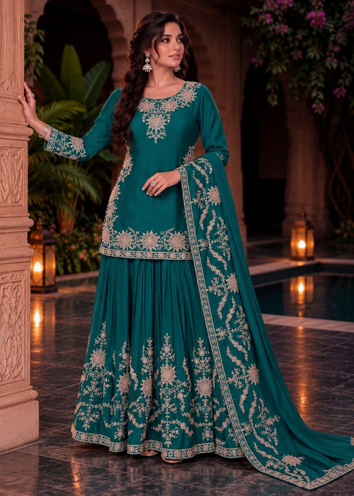 Buy Morpich Blue Premium Chinnon Lehenga Style Suit Online in US, UK, Canada, Netherlands, Germany, Italy, France, Greece, Austria, UAE &amp; Worldwide at Empress.