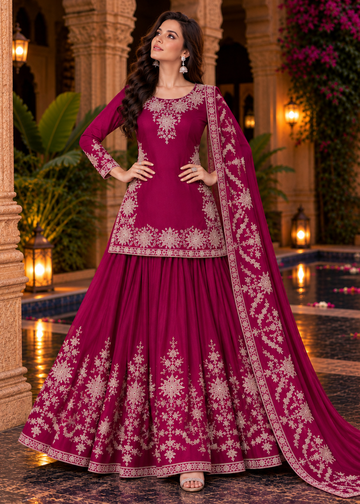 Buy Magenta Pink Premium Chinnon Lehenga Style Suit Online in US, UK, Canada, Netherlands, Germany, Italy, France, Greece, Austria, UAE &amp; Worldwide at Empress.