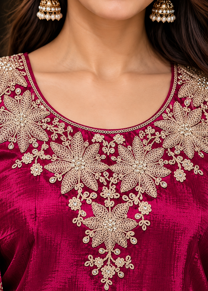 Buy Magenta Pink Premium Chinnon Lehenga Style Suit Online in US, UK, Canada, Netherlands, Germany, Italy, France, Greece, Austria, UAE &amp; Worldwide at Empress.