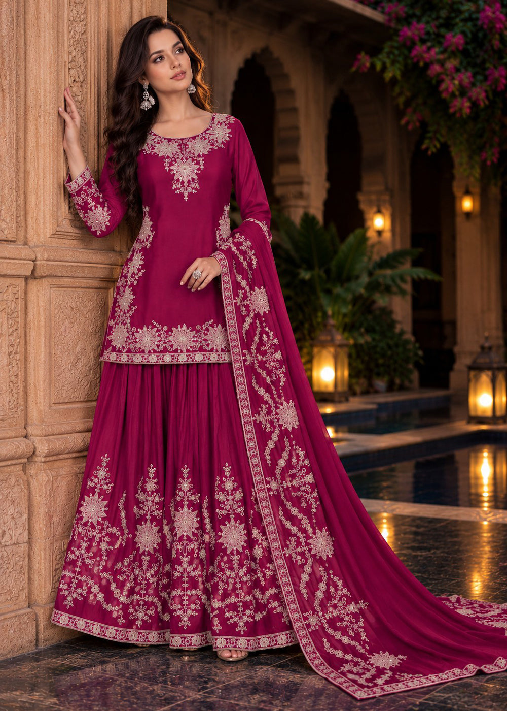 Buy Magenta Pink Premium Chinnon Lehenga Style Suit Online in US, UK, Canada, Netherlands, Germany, Italy, France, Greece, Austria, UAE &amp; Worldwide at Empress.