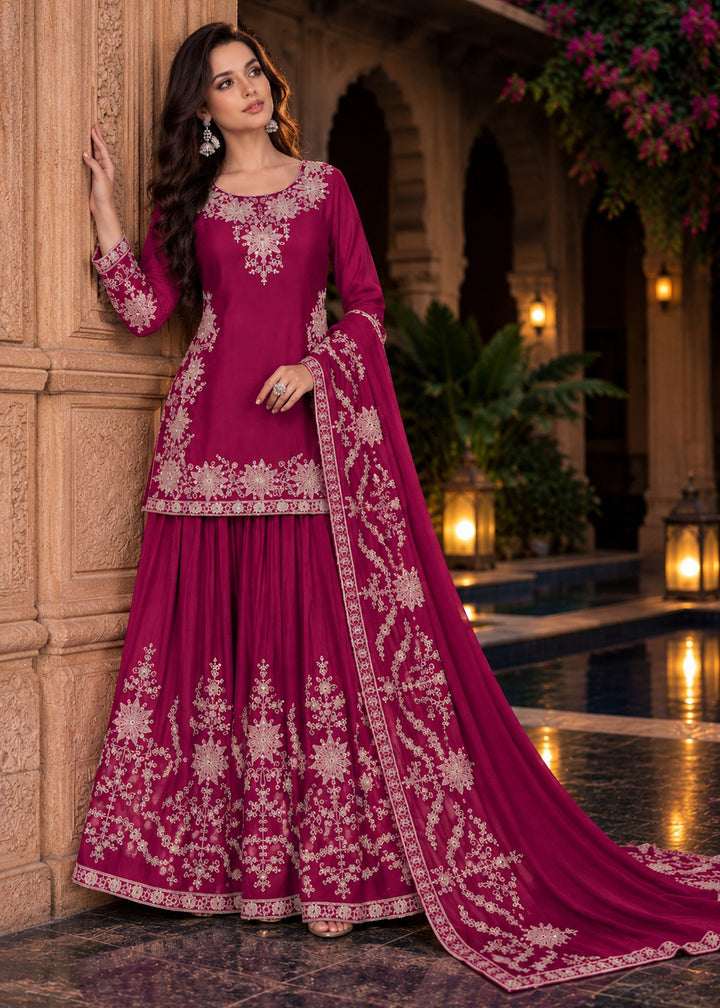 Buy Magenta Pink Premium Chinnon Lehenga Style Suit Online in US, UK, Canada, Netherlands, Germany, Italy, France, Greece, Austria, UAE &amp; Worldwide at Empress.