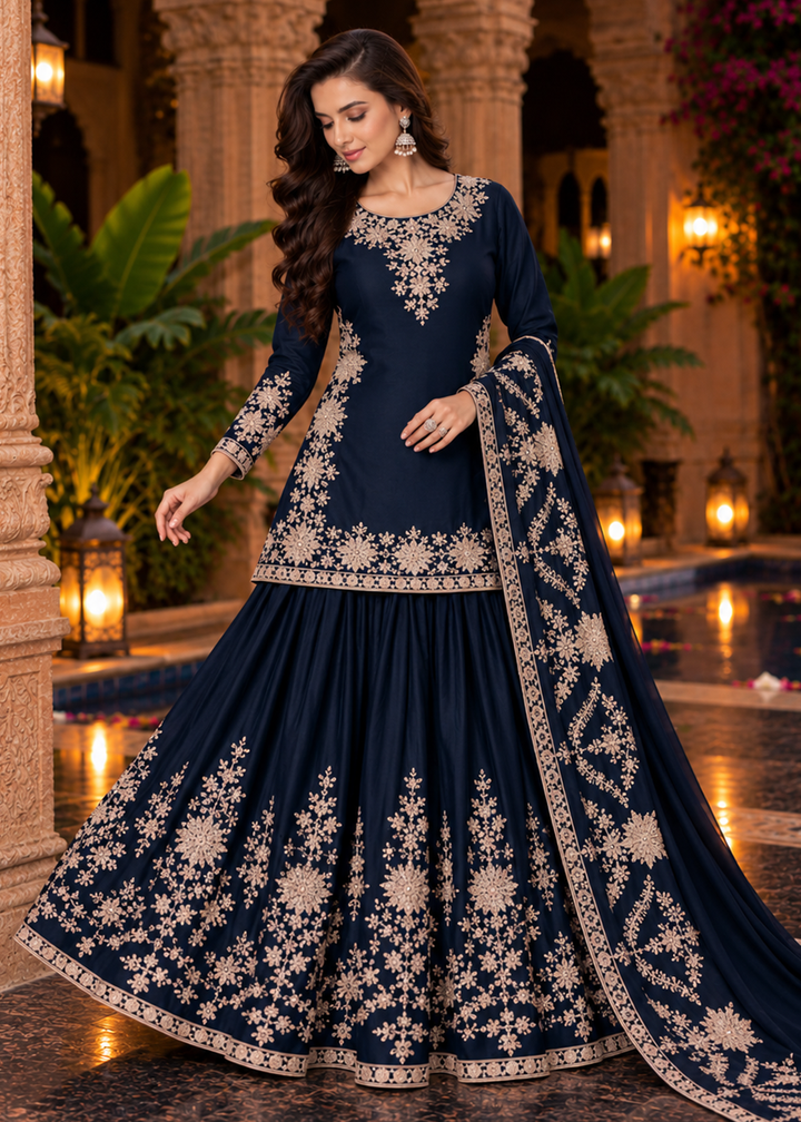 Buy Navy Blue Premium Chinnon Lehenga Style Suit Online in US, UK, Canada, Netherlands, Germany, Italy, France, Greece, Austria, UAE &amp; Worldwide at Empress.