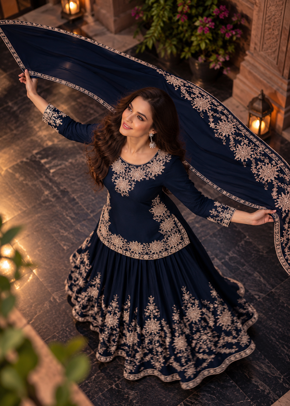 Buy Navy Blue Premium Chinnon Lehenga Style Suit Online in US, UK, Canada, Netherlands, Germany, Italy, France, Greece, Austria, UAE &amp; Worldwide at Empress.