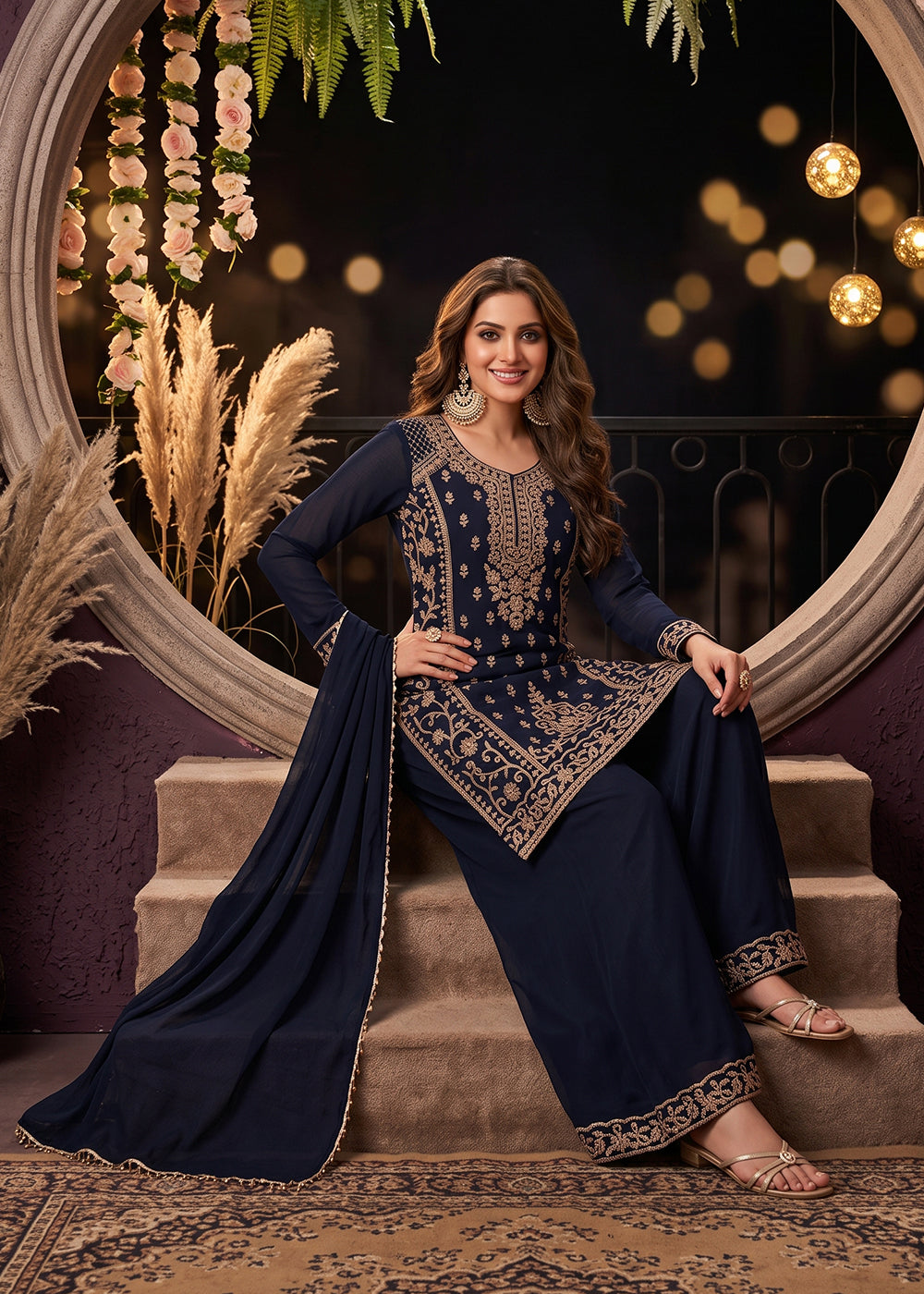 Buy Now Blue All Over Beads Embroidered Palazzo Style Suit Online in US, UK, Canada, Netherlands, Germany, Italy, France, Greece, UAE & Worldwide at Empress.