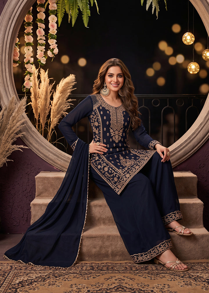 Buy Now Blue All Over Beads Embroidered Palazzo Style Suit Online in US, UK, Canada, Netherlands, Germany, Italy, France, Greece, UAE &amp; Worldwide at Empress.