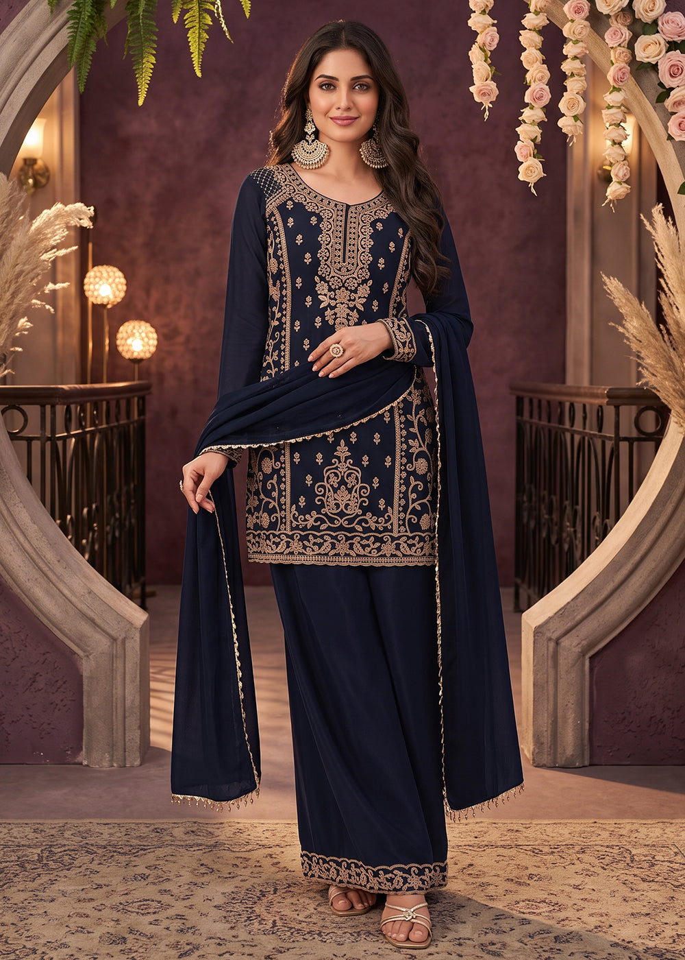 Buy Now Blue All Over Beads Embroidered Palazzo Style Suit Online in US, UK, Canada, Netherlands, Germany, Italy, France, Greece, UAE &amp; Worldwide at Empress.