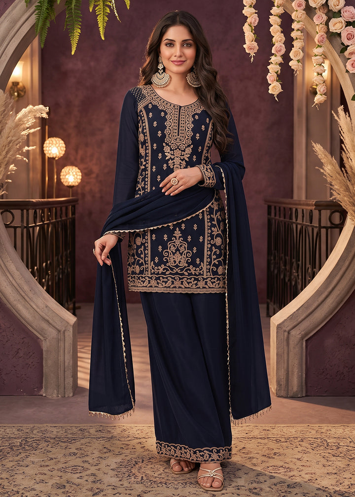 Buy Now Blue All Over Beads Embroidered Palazzo Style Suit Online in US, UK, Canada, Netherlands, Germany, Italy, France, Greece, UAE &amp; Worldwide at Empress.