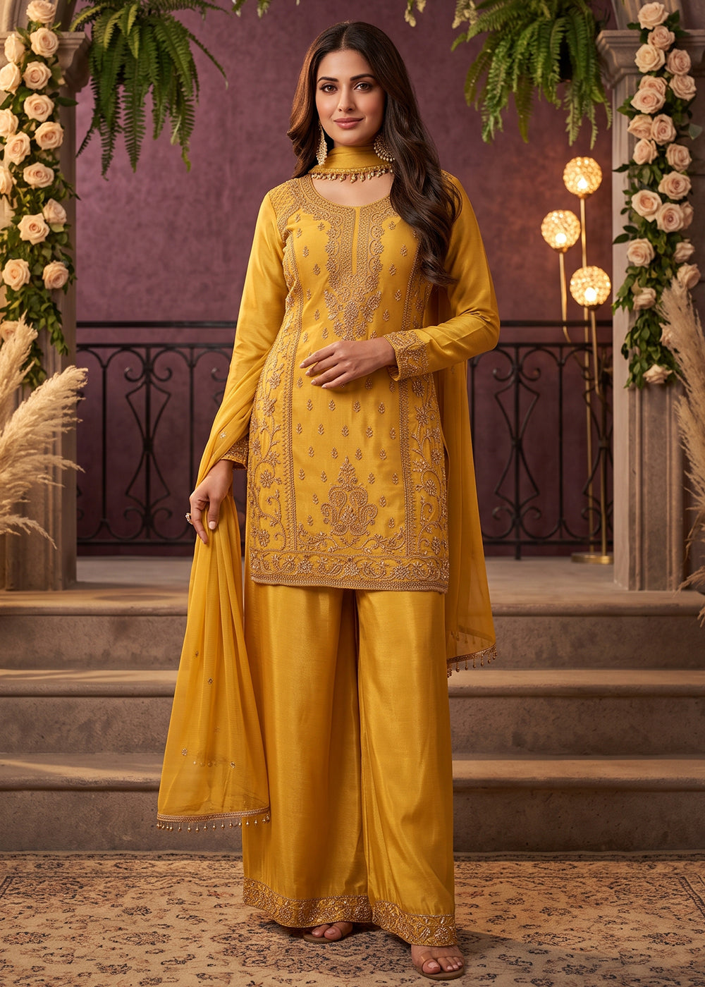 Buy Now Mustard All Over Beads Embroidered Palazzo Style Suit Online in US, UK, Canada, Netherlands, Germany, Italy, France, Greece, UAE & Worldwide at Empress.