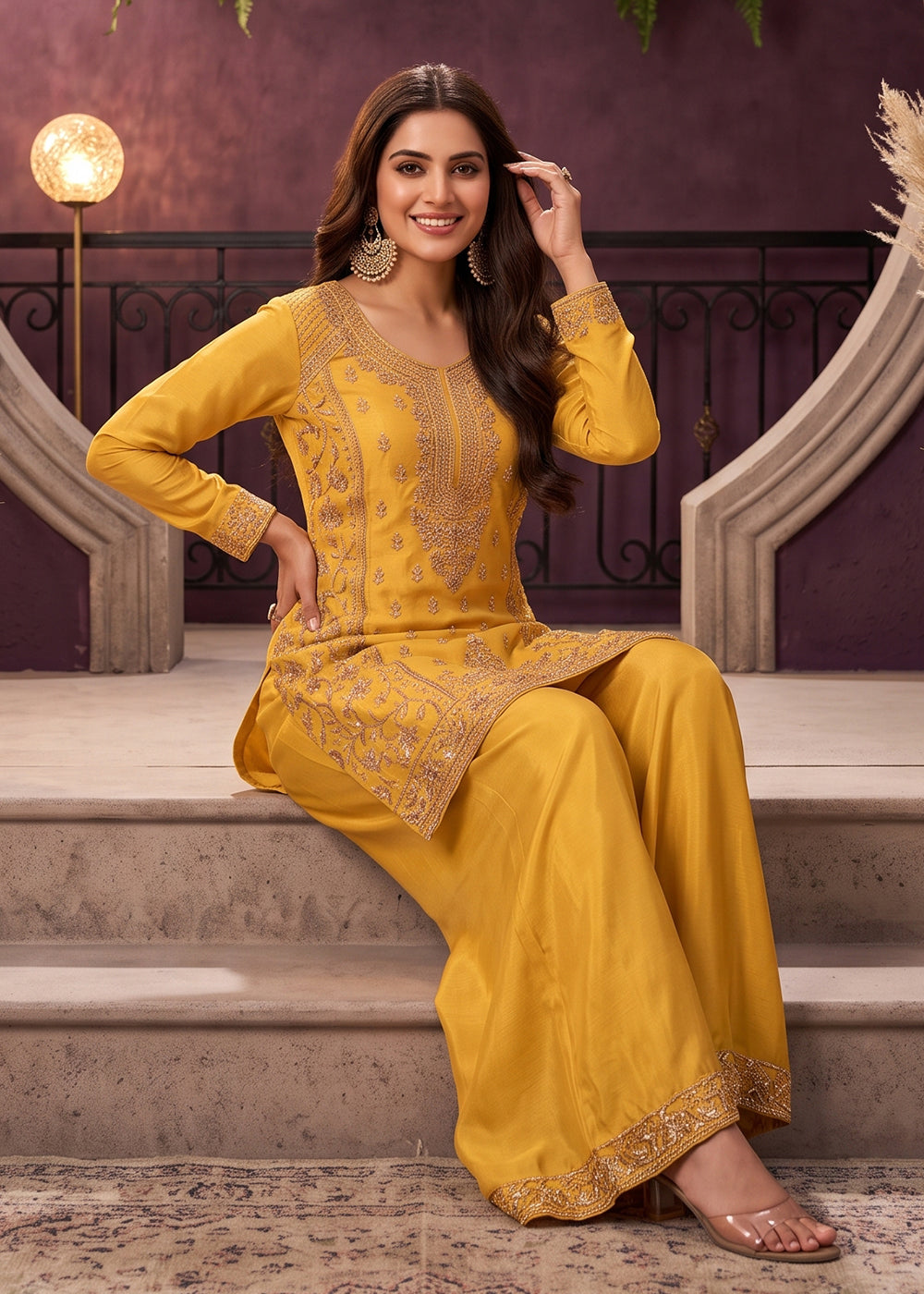 Buy Now Mustard All Over Beads Embroidered Palazzo Style Suit Online in US, UK, Canada, Netherlands, Germany, Italy, France, Greece, UAE & Worldwide at Empress.