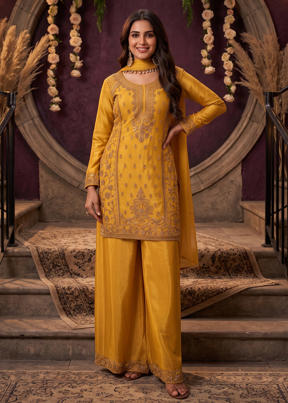 Buy Now Mustard All Over Beads Embroidered Palazzo Style Suit Online in US, UK, Canada, Netherlands, Germany, Italy, France, Greece, UAE &amp; Worldwide at Empress.