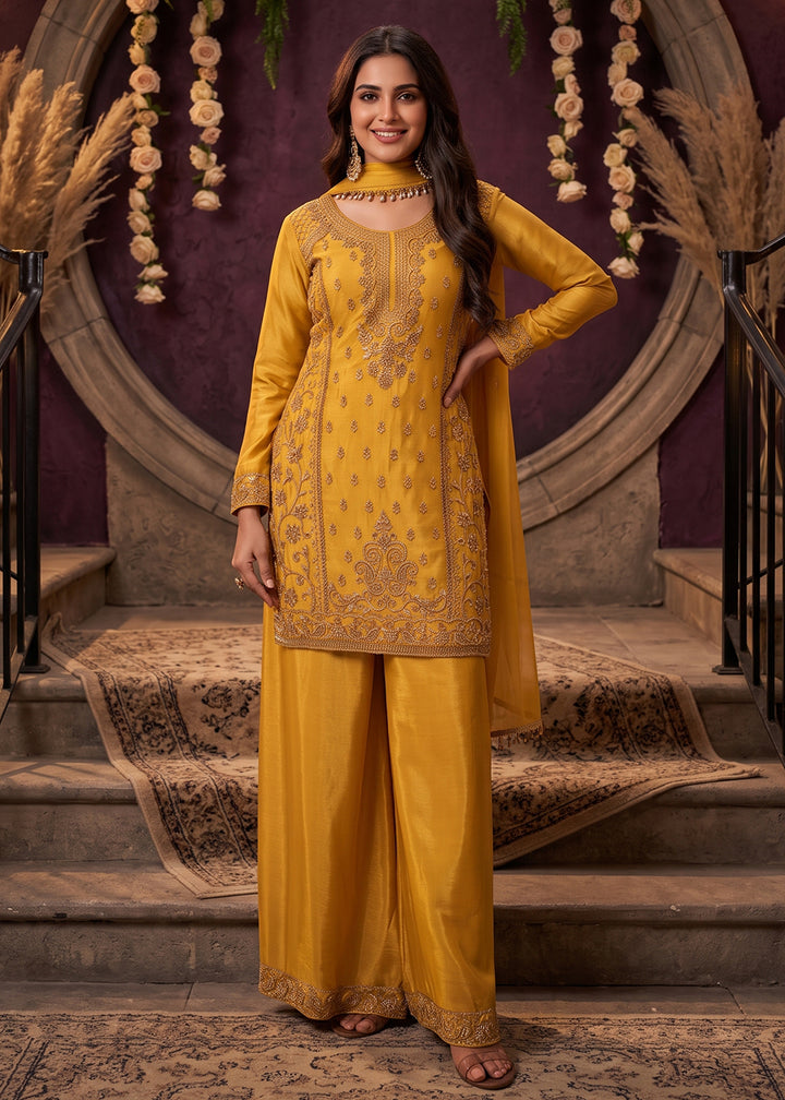 Buy Now Mustard All Over Beads Embroidered Palazzo Style Suit Online in US, UK, Canada, Netherlands, Germany, Italy, France, Greece, UAE &amp; Worldwide at Empress.